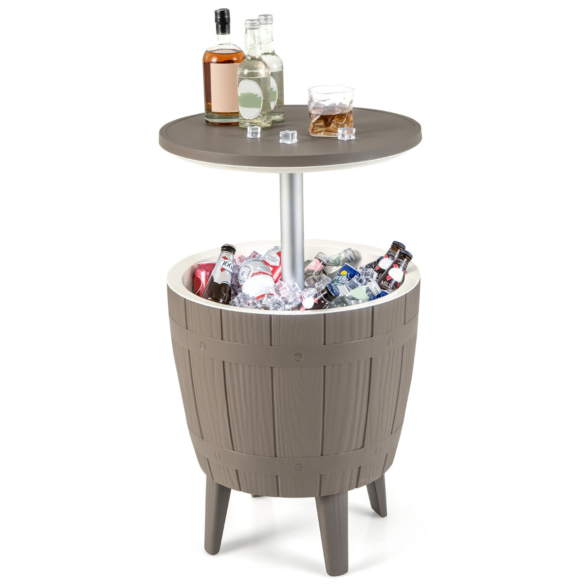 Outdoor Cooler Side Table with Telescopic Tabletop for Beer &amp; Wine-Brown