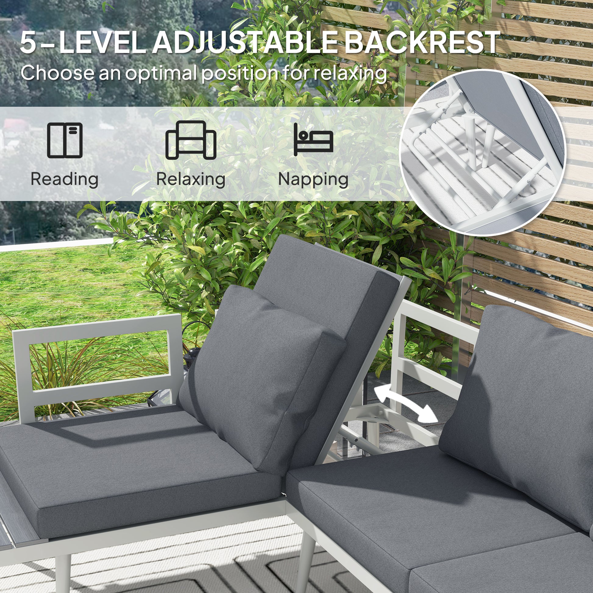Outsunny 3 Piece Garden Furniture Set with 5-Level Adjustable Lounger, L Shaped Garden Corner Sofa with Cushions, Mesh Seat, Slatted Wood-Grain Table, Outdoor Furniture Set for Conservatory, Grey