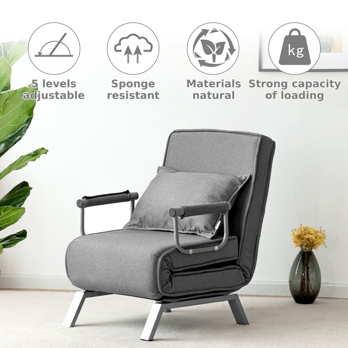 Convertible Folding Sofa Bed with 5 Position Recliner-Grey