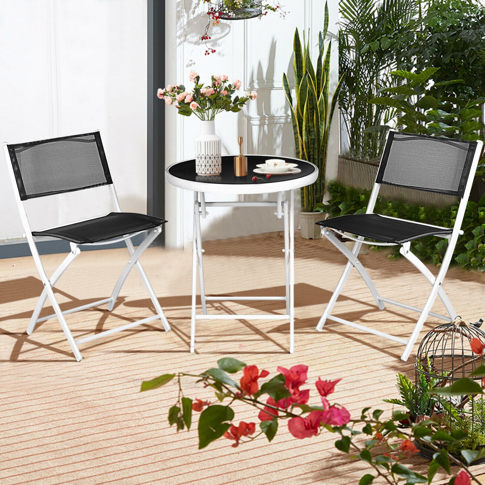 3pcs Patio Bistro Folding Table and Chair Set-Black
