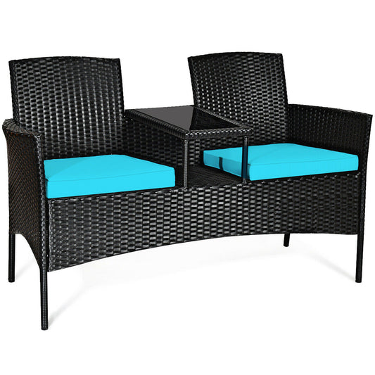 Rattan Turquoise Cushioned Loveseat with Glass Table