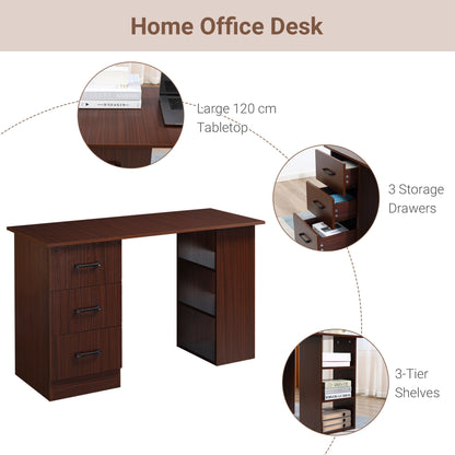 HOMCOM 120cm Computer Desk with Storage Shelves Drawers, Writing Table Study Workstation for Home Office, Walnut Brown