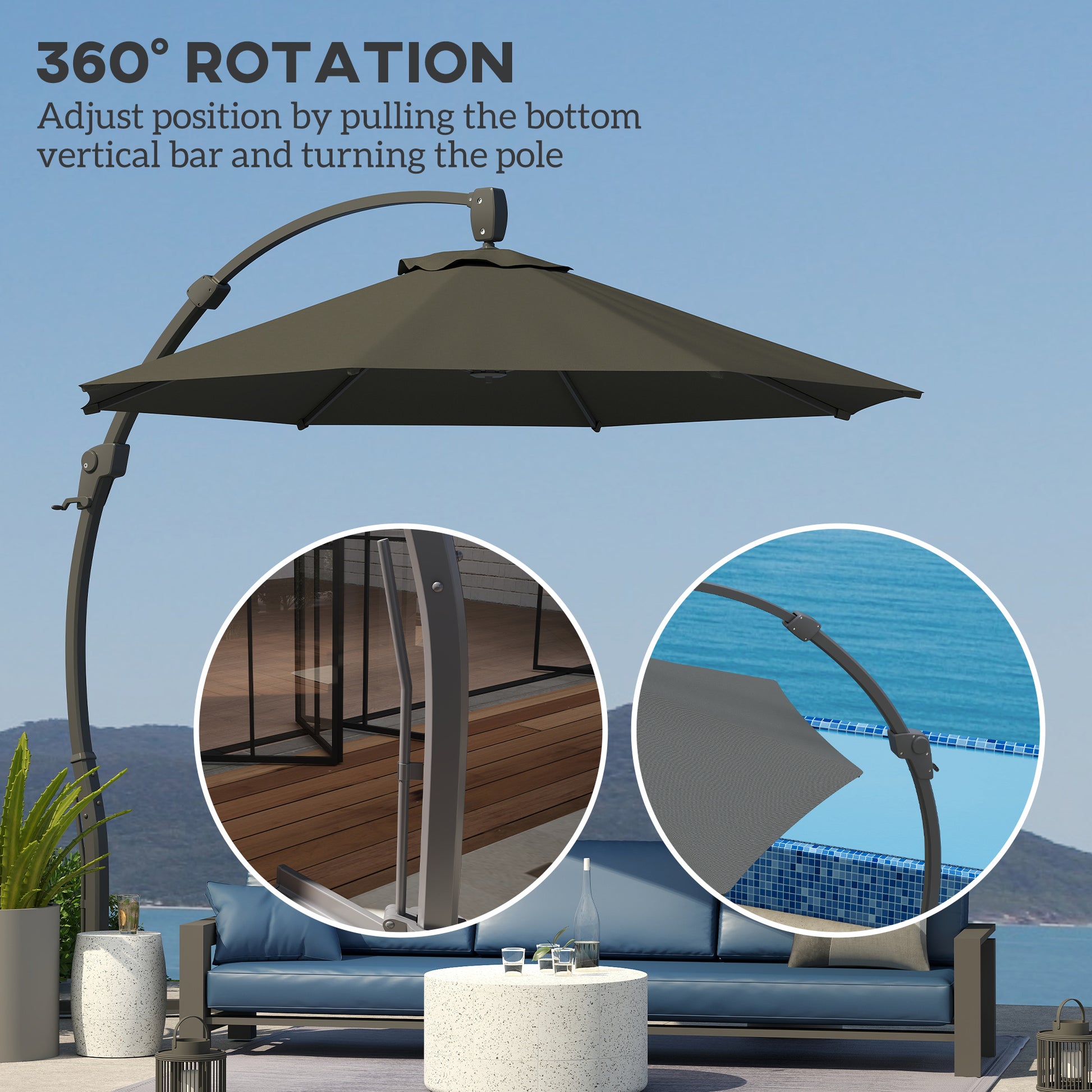 Outsunny 3(m) Garden Cantilever Parasol, Round Overhanging Umbrella with Crank Handle, Cross Base, Aluminium Frame and 360° Rotation, Banana Patio Umbrella for Outdoor Sun Shade, Grey