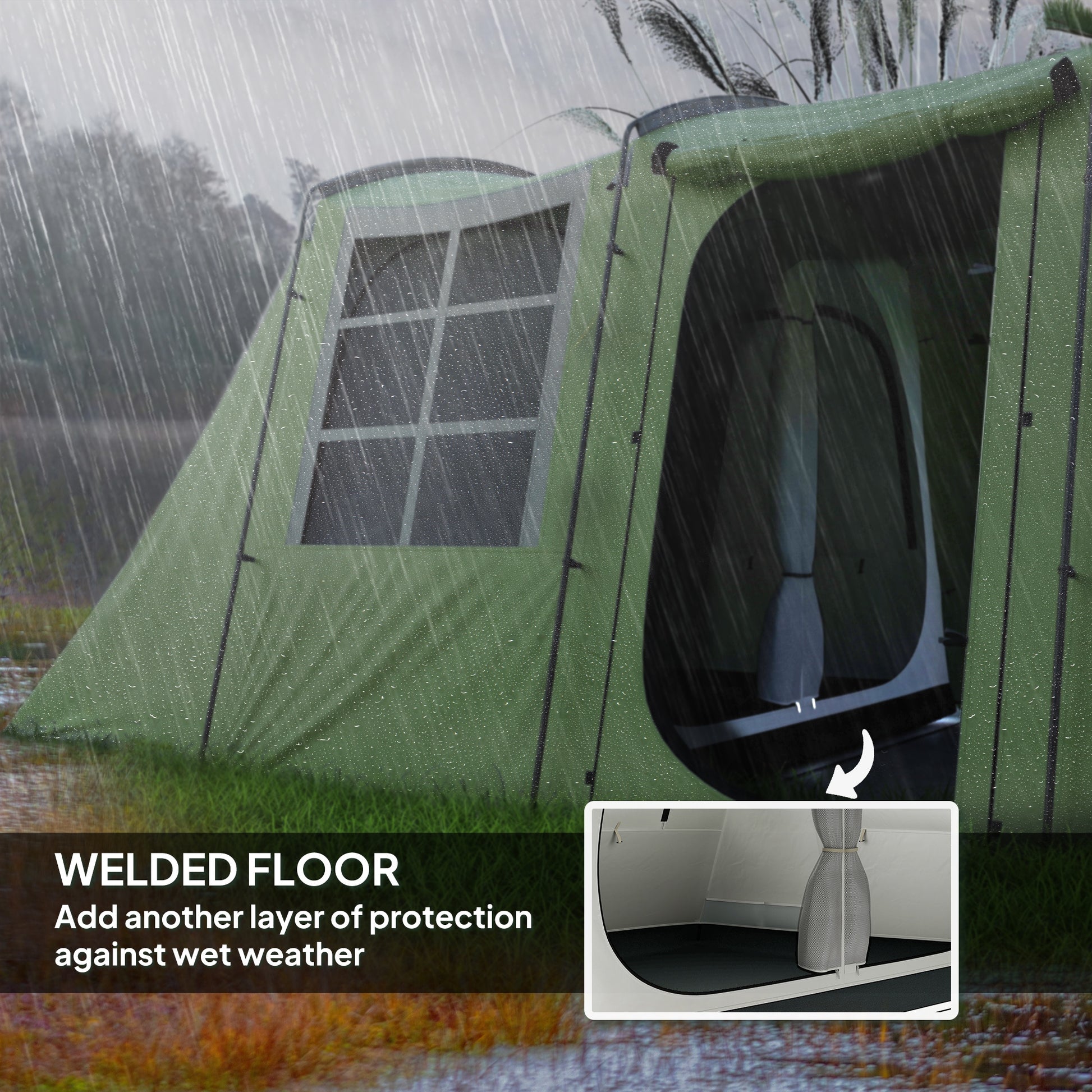 Outsunny 3-4 Man Tunnel Tent, Family Camping Tent with Porch, Bedroom and Living Area, Sewn in Groundsheet, 3000mm Waterproof, Portable with Bag for Hiking, Festival, Backpacking, Green