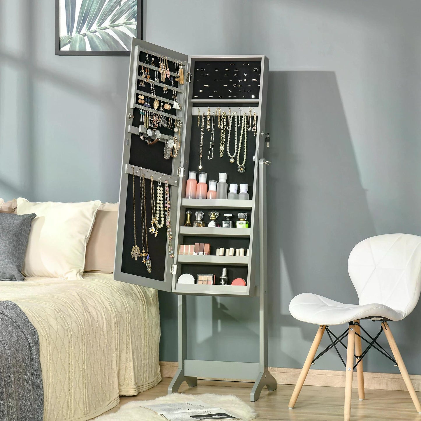 HOMCOM Jewellery Cabinet with Full-Length Mirror, Mirror Armoire, Lockable Jewellery Organiser for Bedroom Dressing Room, Grey