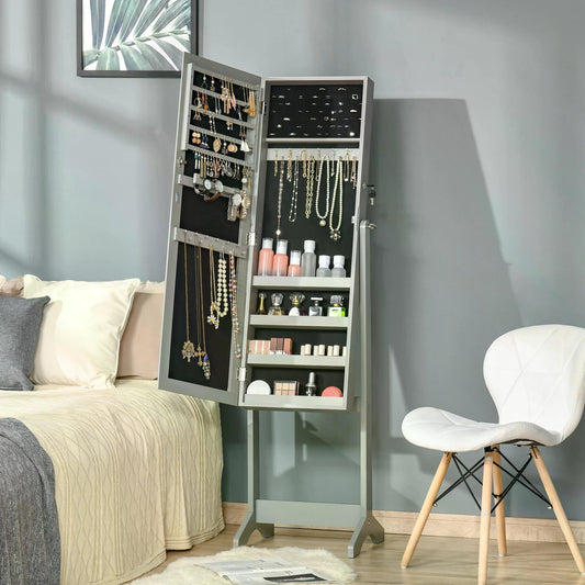 HOMCOM Jewellery Cabinet with Full-Length Mirror, Mirror Armoire, Lockable Jewellery Organiser for Bedroom Dressing Room, Grey