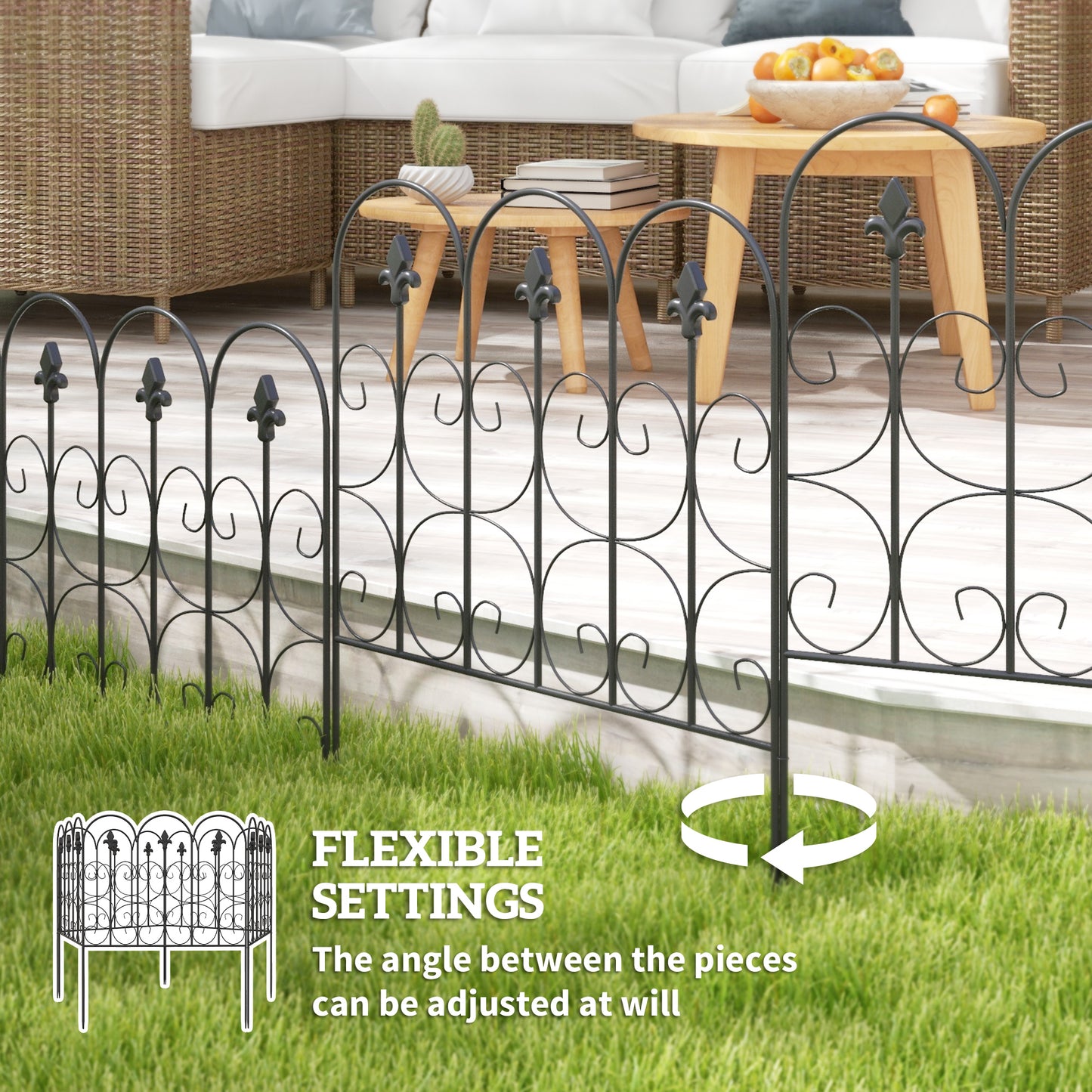 Outsunny Decorative Garden Fencing, 83cm (H) x 3m (L) 5PCs Outdoor Picket Fence Panels, Rustproof Metal Wire Landscape Flower Bed Border Edging Animal Barrier, Black