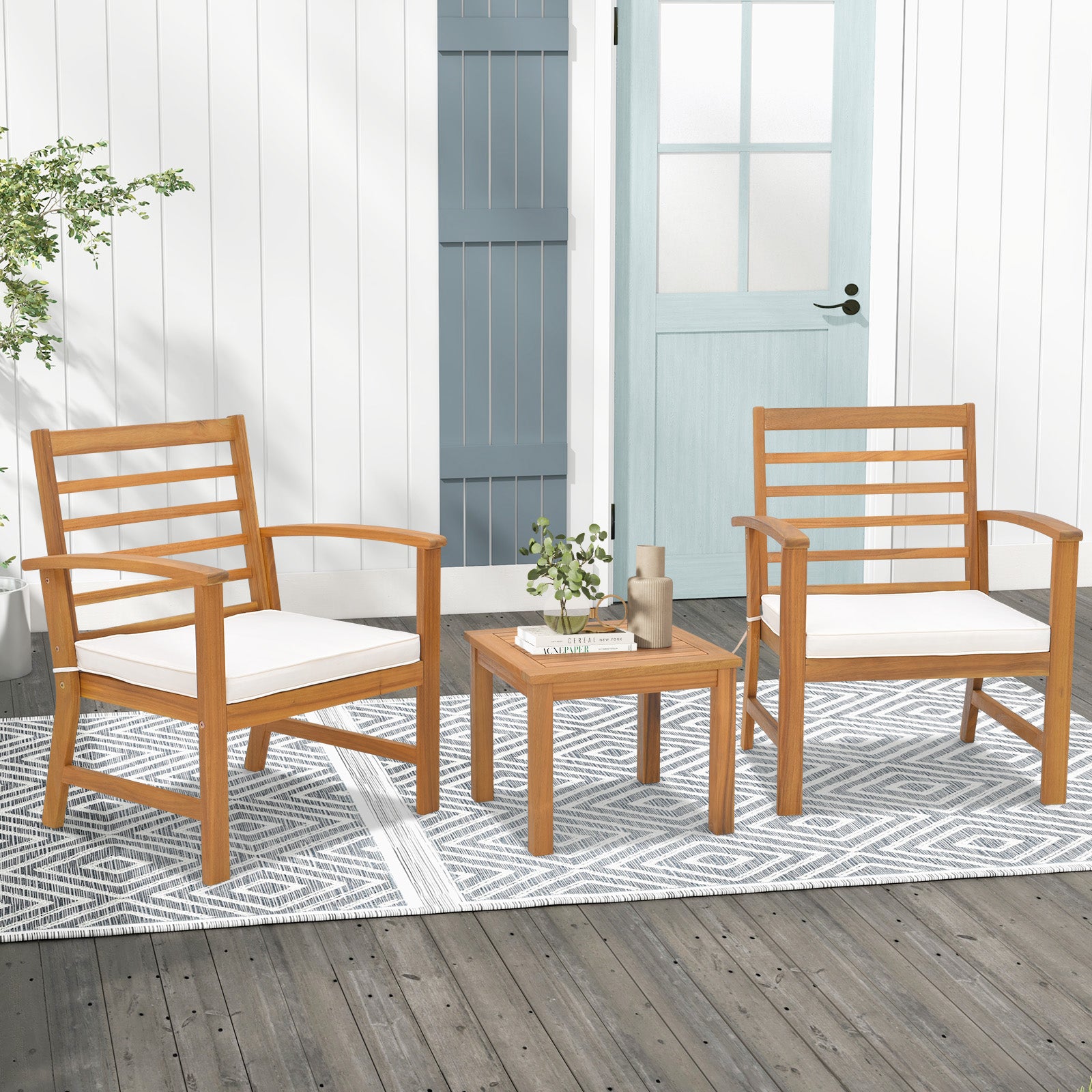 3 Pieces Acacia Wood Patio Conversation Set with Soft Cushions-White