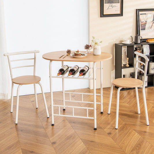 3-Piece Dining Table Set with Extra Wine Rack and Metal Frame-Natural & White