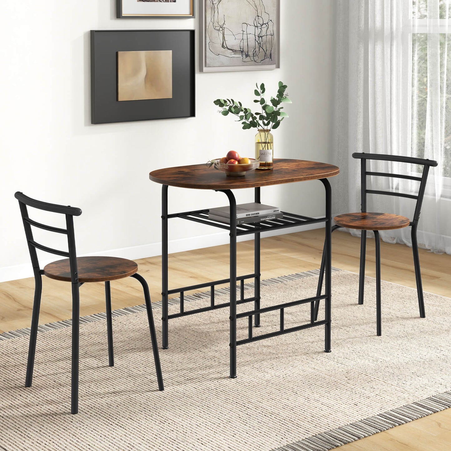 3-Piece Dining Table Set with Extra Wine Rack and Metal Frame-Rustic Brown