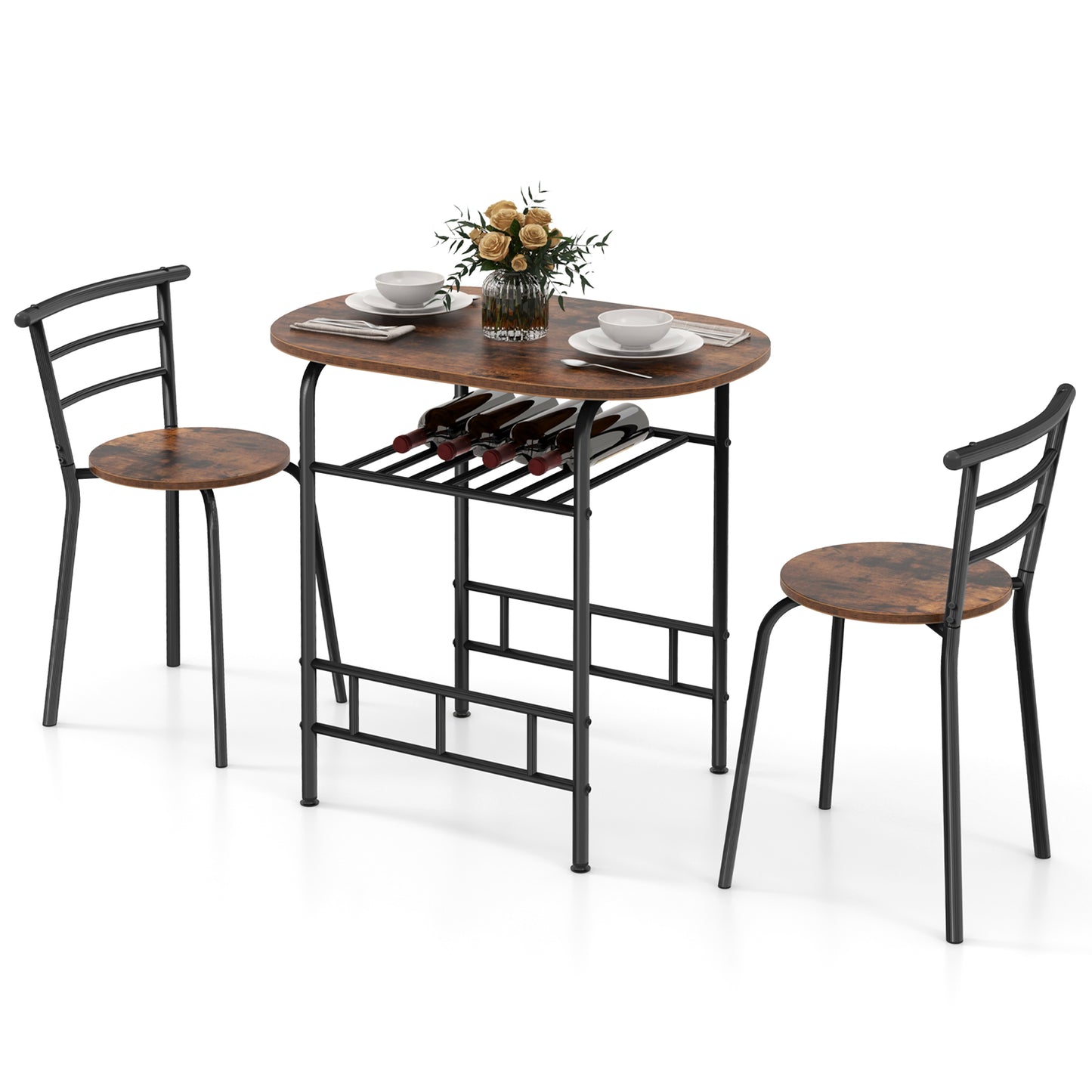 3-Piece Dining Table Set with Extra Wine Rack and Metal Frame-Rustic Brown