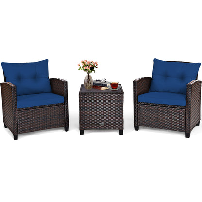 3 Piece Patio Rattan Furniture Set for Porch Balcony Garden Yard-Navy