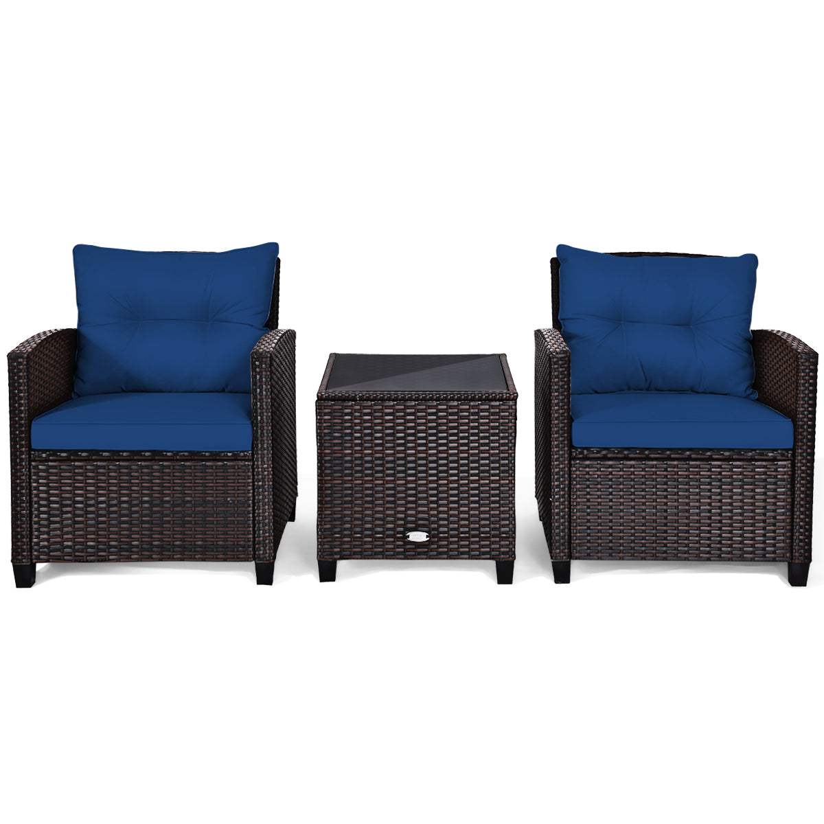 3 Piece Patio Rattan Furniture Set for Porch Balcony Garden Yard-Navy