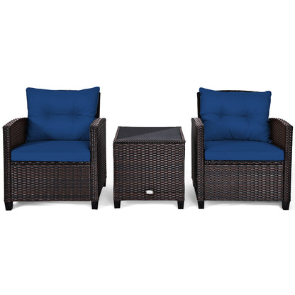 3 Piece Patio Rattan Furniture Set for Porch Balcony Garden Yard-Navy