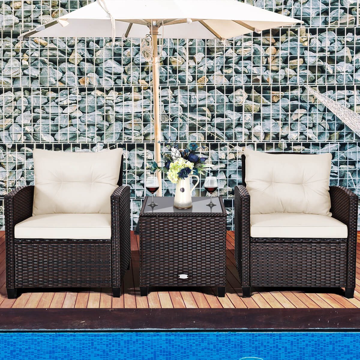 3 Piece Patio Rattan Furniture Set for Porch Balcony Garden Yard-White ...