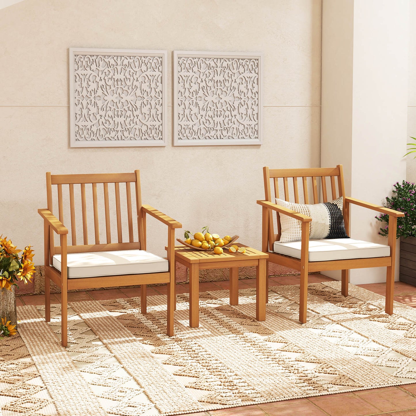 3 Pieces Wood Patio Set Acacia Outdoor with Coffee Table and Cushions-White
