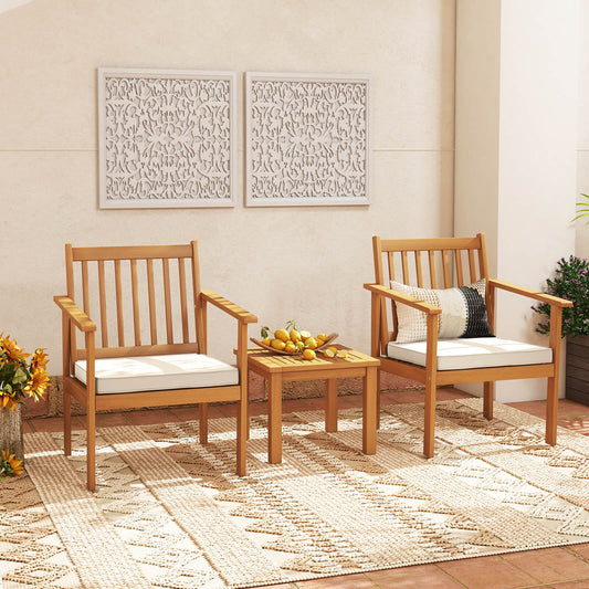 3 Pieces Wood Patio Set Acacia Outdoor with Coffee Table and Cushions-White
