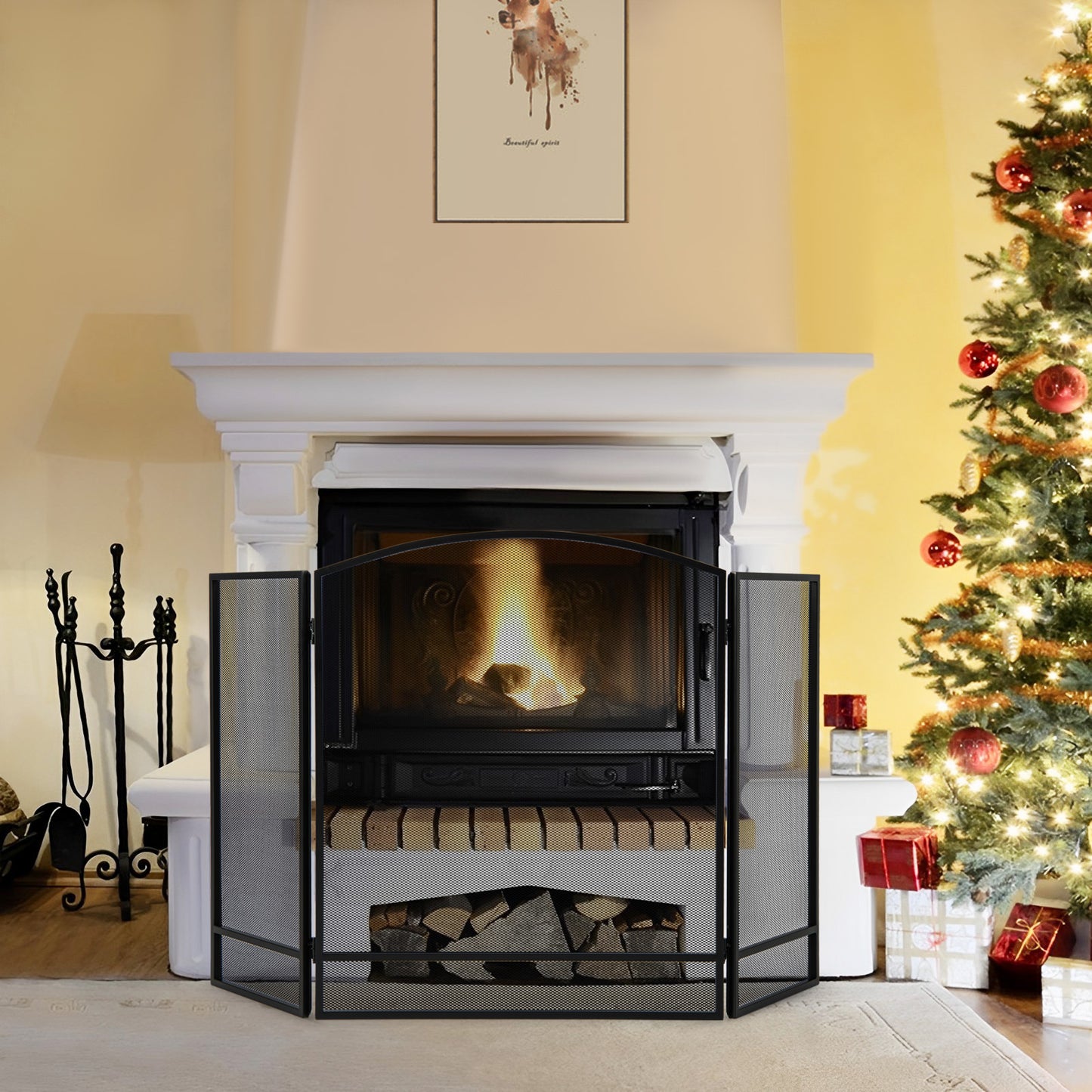 3-Panel Folding Fire Guard Fireplace Screen Fence-Black