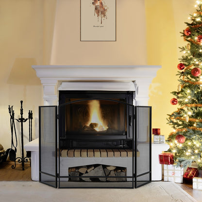 3-Panel Folding Fire Guard Fireplace Screen Fence-Black