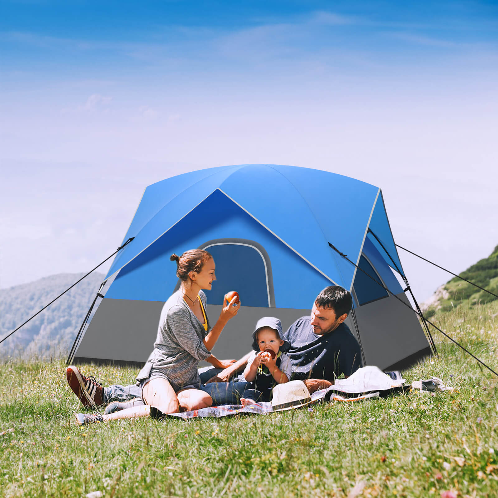 3-Person Outdoor Camping Tent with Removable Floor Mat-Black &amp; Blue