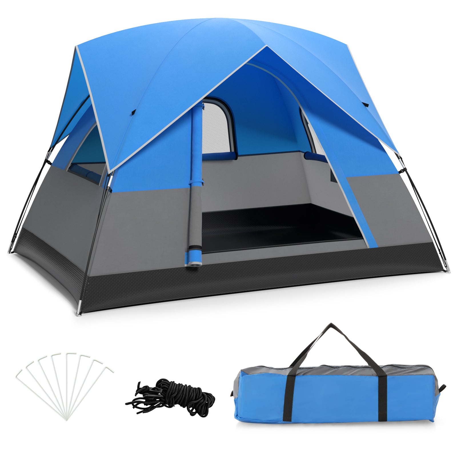 3-Person Outdoor Camping Tent with Removable Floor Mat-Black &amp; Blue