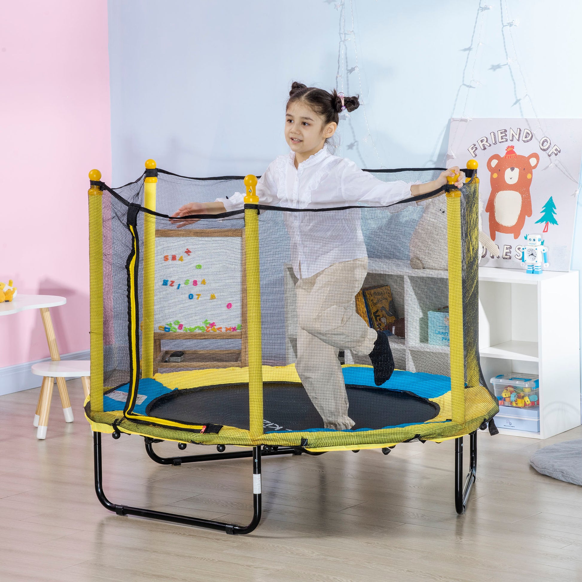HOMCOM 4.6FT / 55 Inch Kids Trampoline with Enclosure Safety Net Pads Indoor Trampolines for Child 1-10 Years Old, Yellow