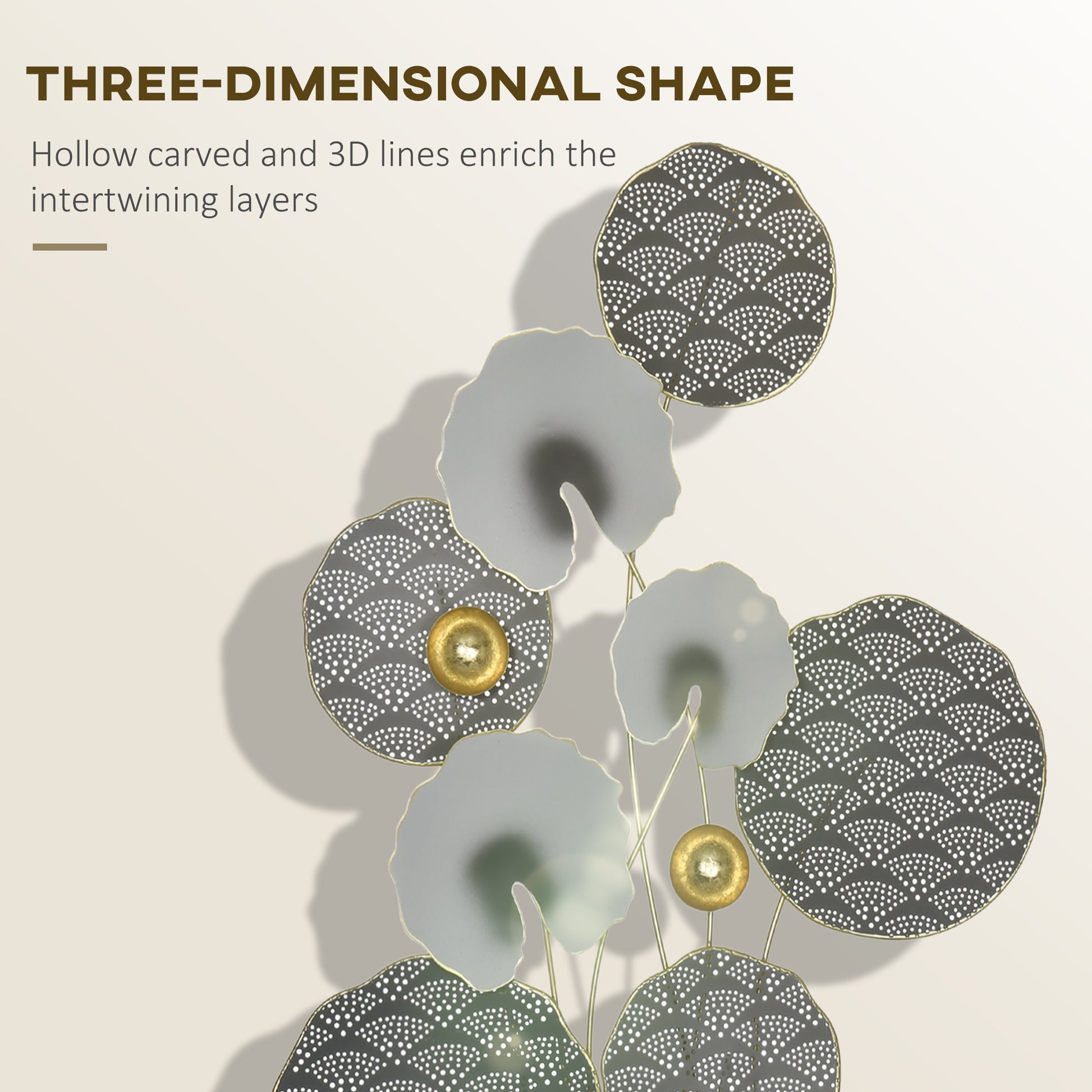 HOMCOM 3D Metal Wall Art Modern Lotus Leaves Hanging Wall Sculpture Home Decor for Living Room Bedroom Dining Room, Grey Gold