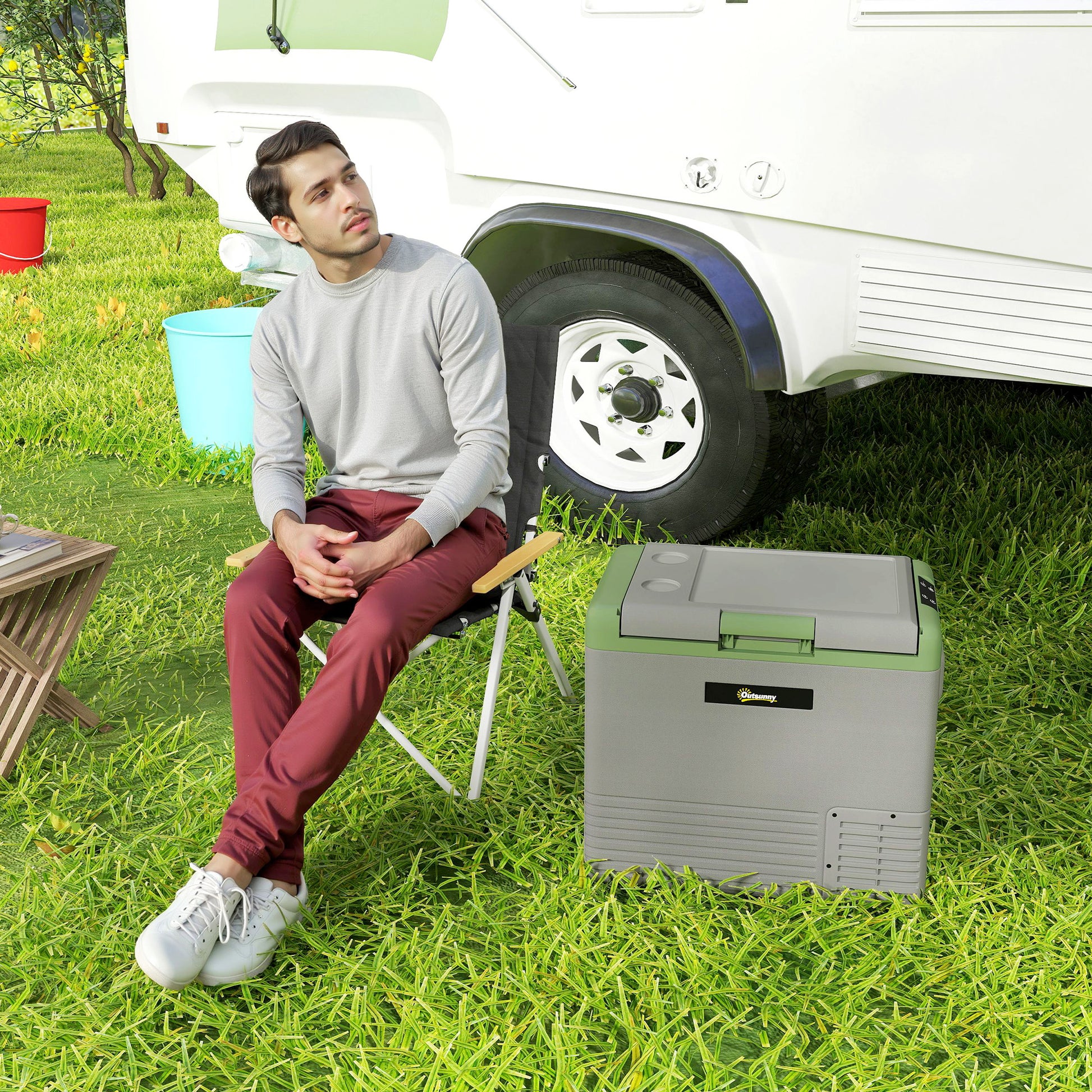 Outsunny 50L Portable Car Refrigerator - Light Green and Grey