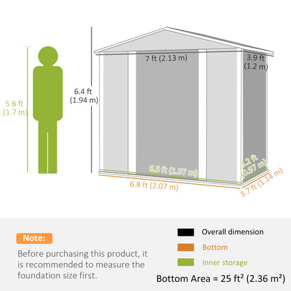 Outsunny 7 x 4ft Garden Shed, Easy to Assemble, Upgraded Galvanised Steel Frame with Foundation Kit, Double Doors with Lock, Outdoor Metal Shed with Vents and Gloves, Garden Storage Shed, Green