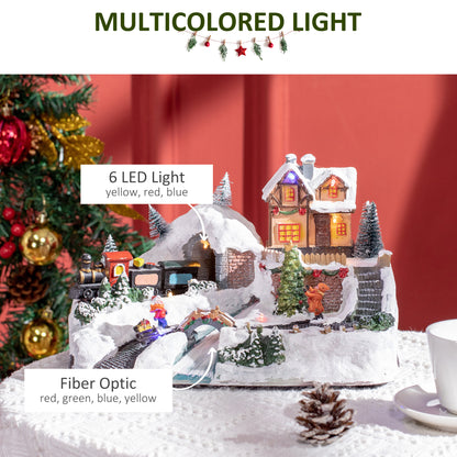 HOMCOM Animated Christmas Village Scene, Battery-Operated Musical Holiday Decoration with LED Light, Fibre Optic River, Moving Train for Tabletop