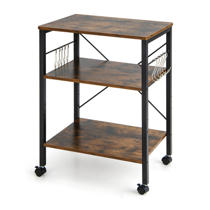 3-Tier Utility Cart Storage Trolley with 10 Removable Hooks-Rustic Brown