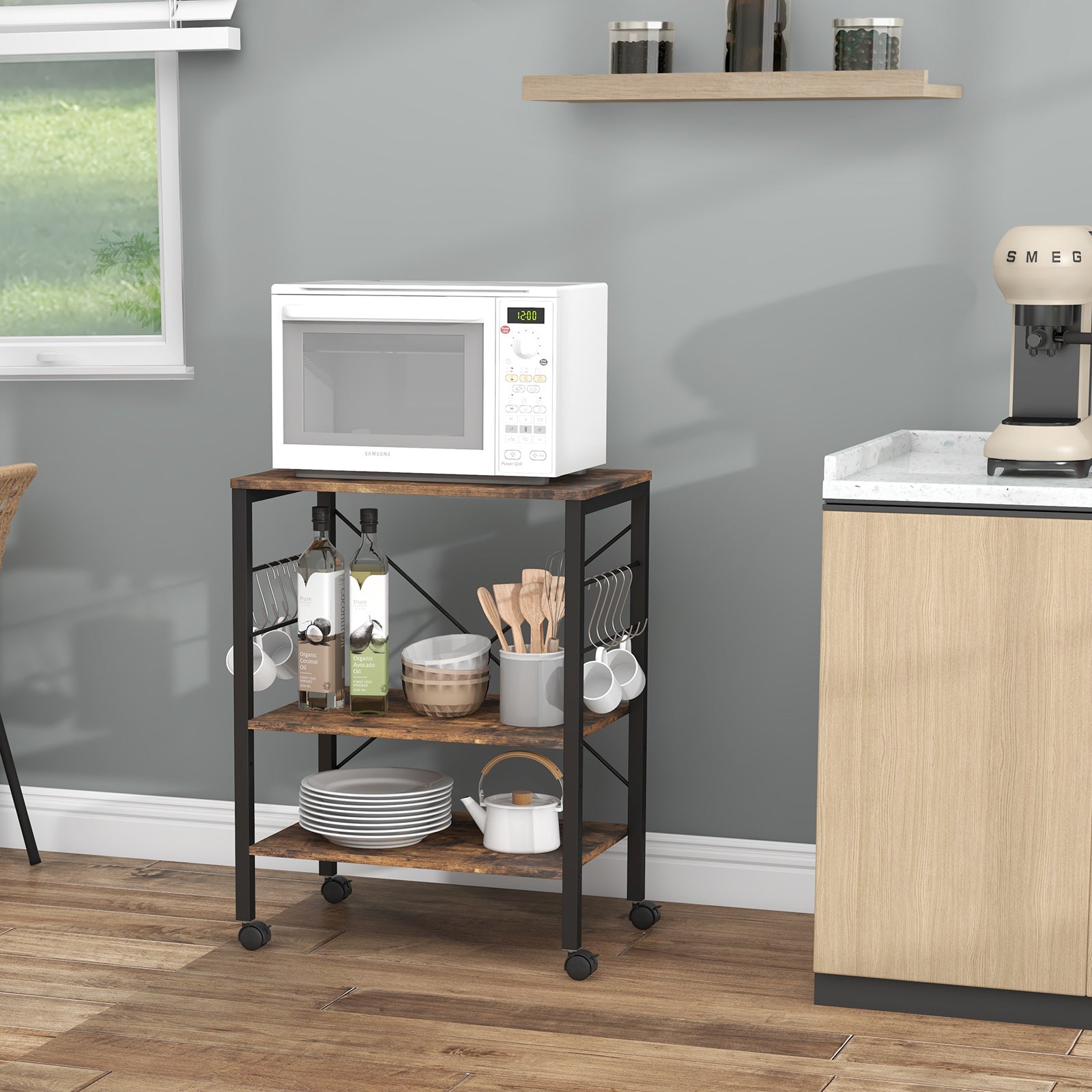 3-Tier Utility Cart Storage Trolley with 10 Removable Hooks-Rustic Brown