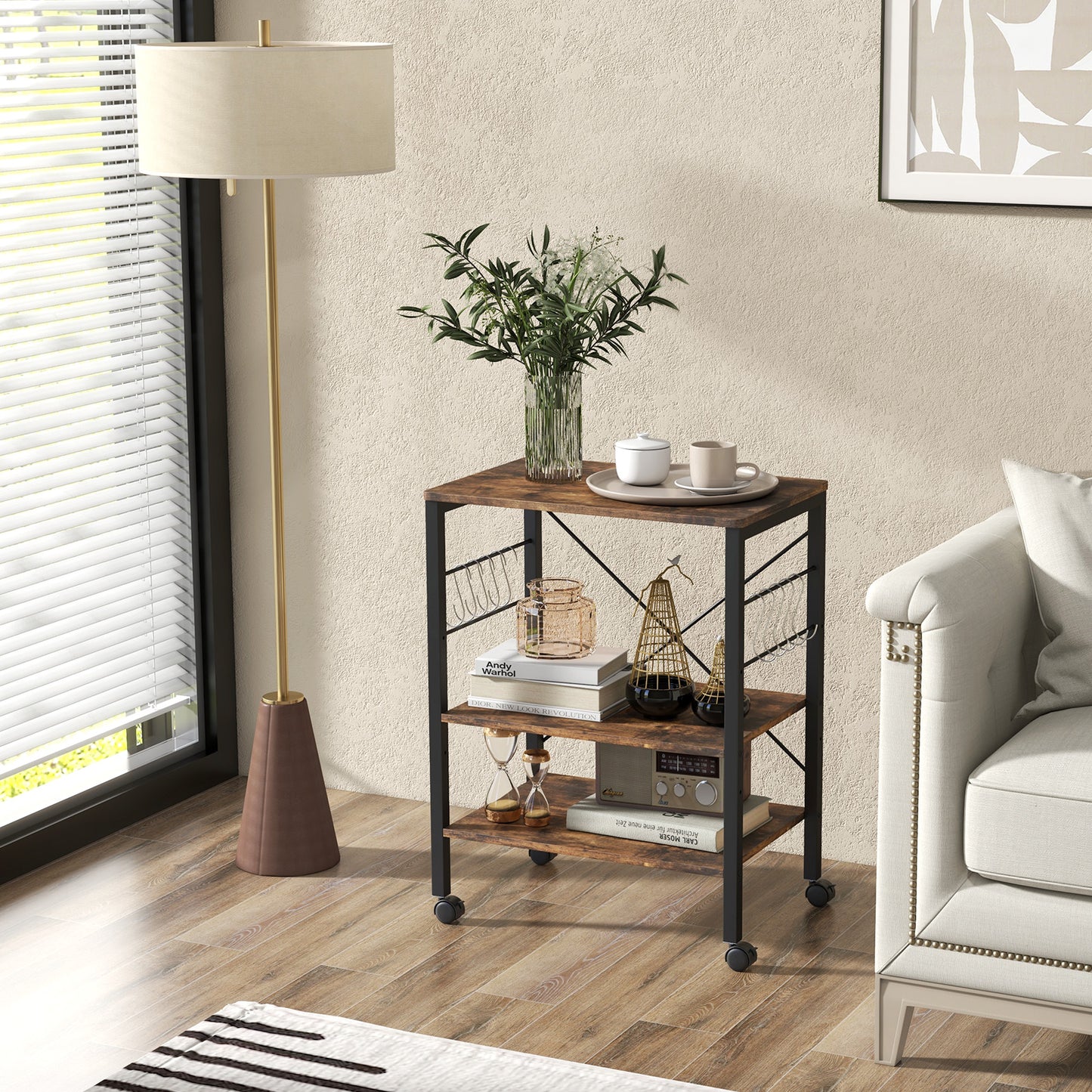 3-Tier Utility Cart Storage Trolley with 10 Removable Hooks-Rustic Brown