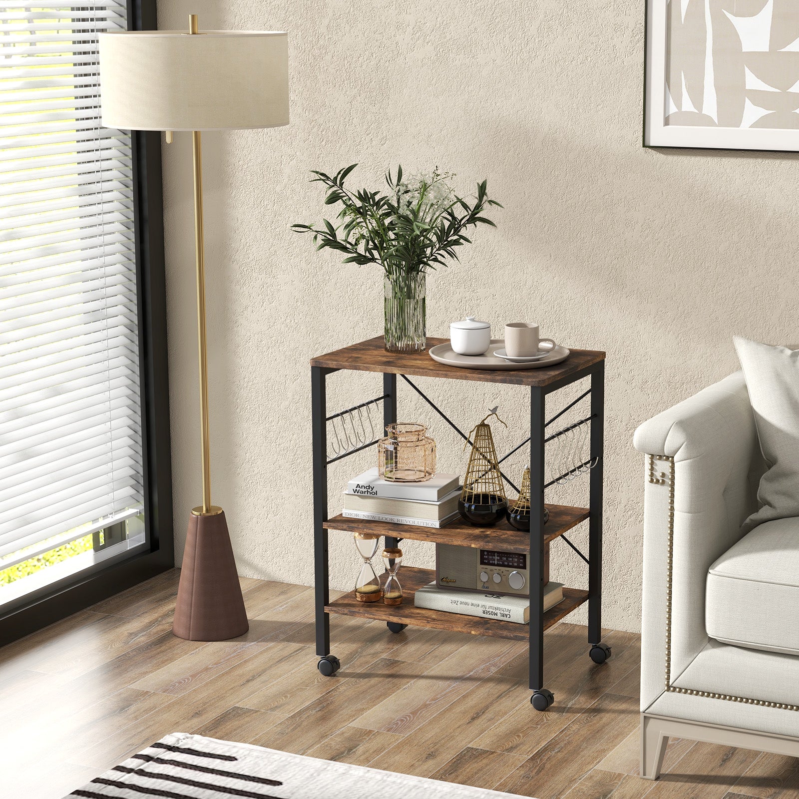 3-Tier Utility Cart Storage Trolley with 10 Removable Hooks-Rustic Brown