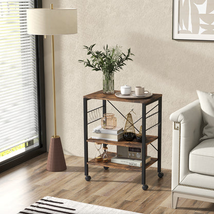 3-Tier Utility Cart Storage Trolley with 10 Removable Hooks-Rustic Brown