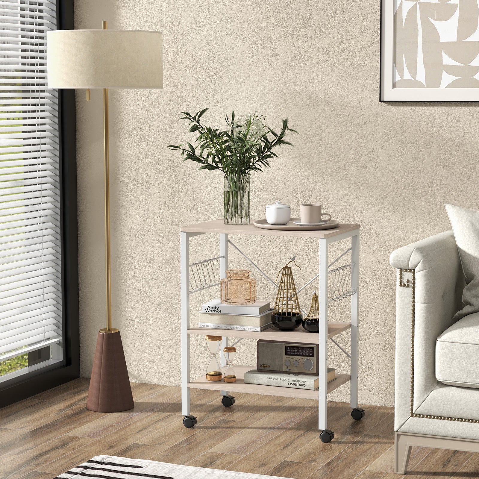 3-Tier Utility Cart Storage Trolley with 10 Removable Hooks-Beige