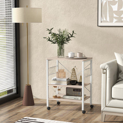 3-Tier Utility Cart Storage Trolley with 10 Removable Hooks-Beige