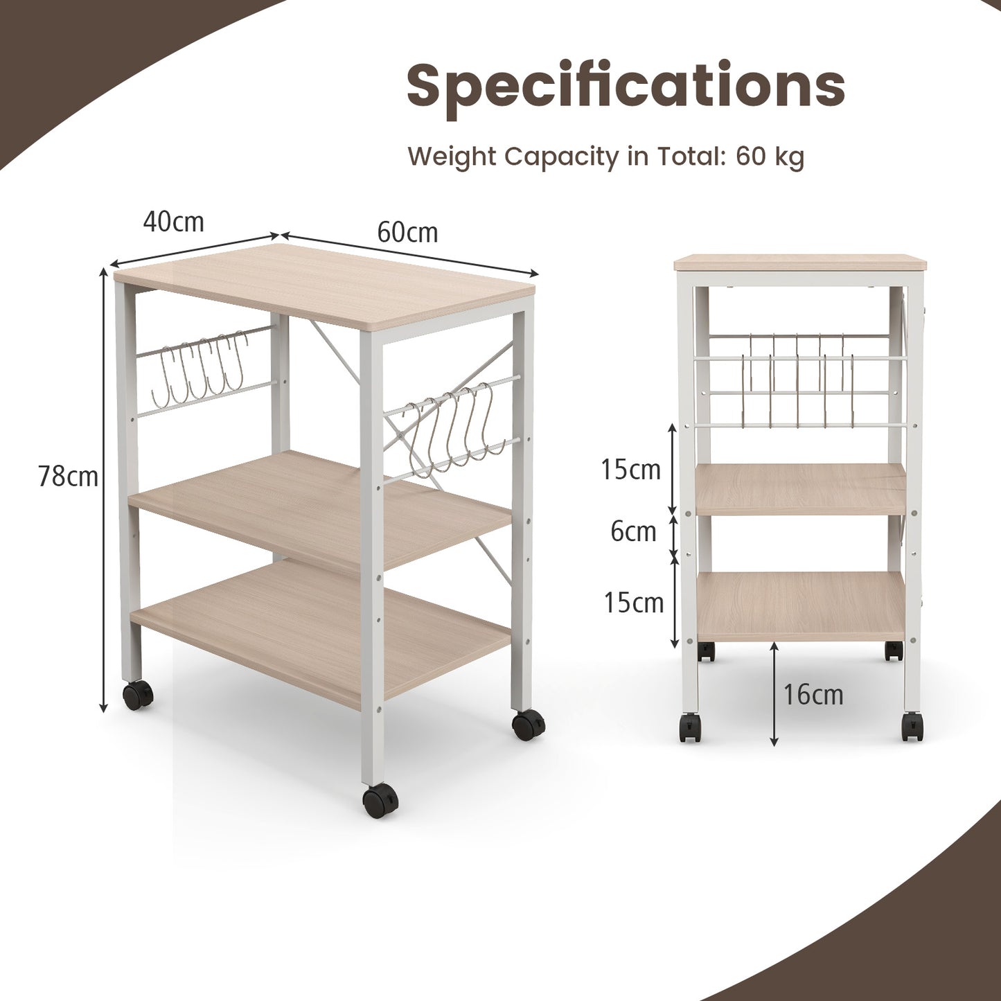 3-Tier Utility Cart Storage Trolley with 10 Removable Hooks-Beige