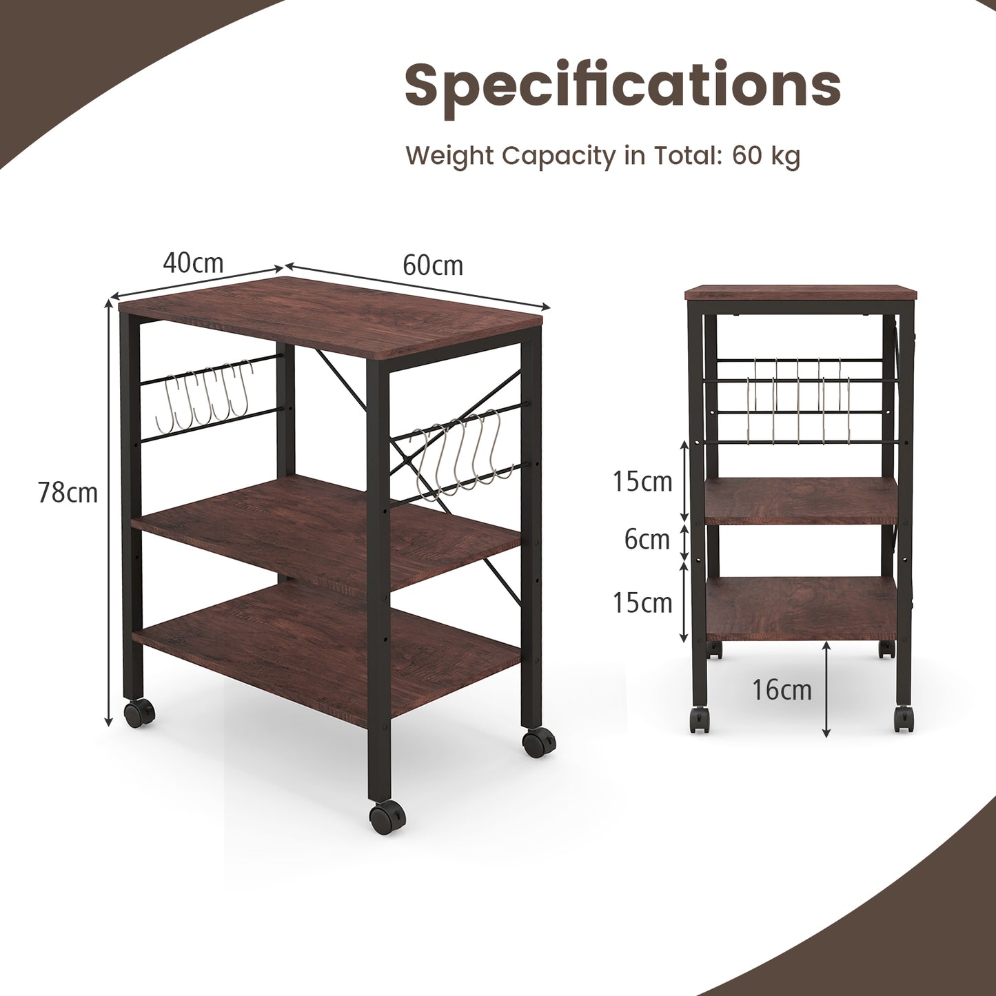 3-Tier Utility Cart Storage Trolley with 10 Removable Hooks-Coffee