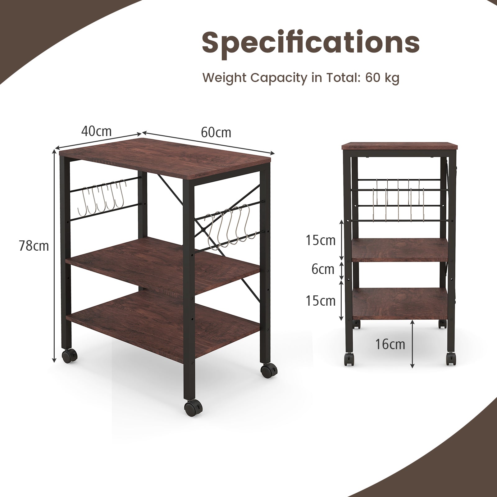 3-Tier Utility Cart Storage Trolley with 10 Removable Hooks-Coffee
