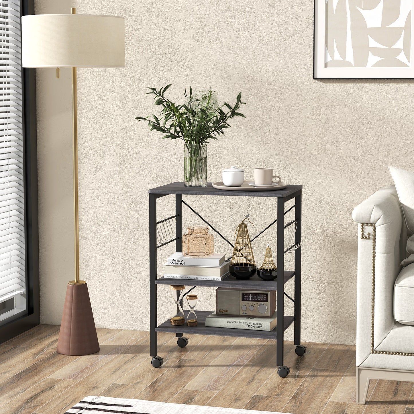 3-Tier Utility Cart Storage Trolley with 10 Removable Hooks-Black