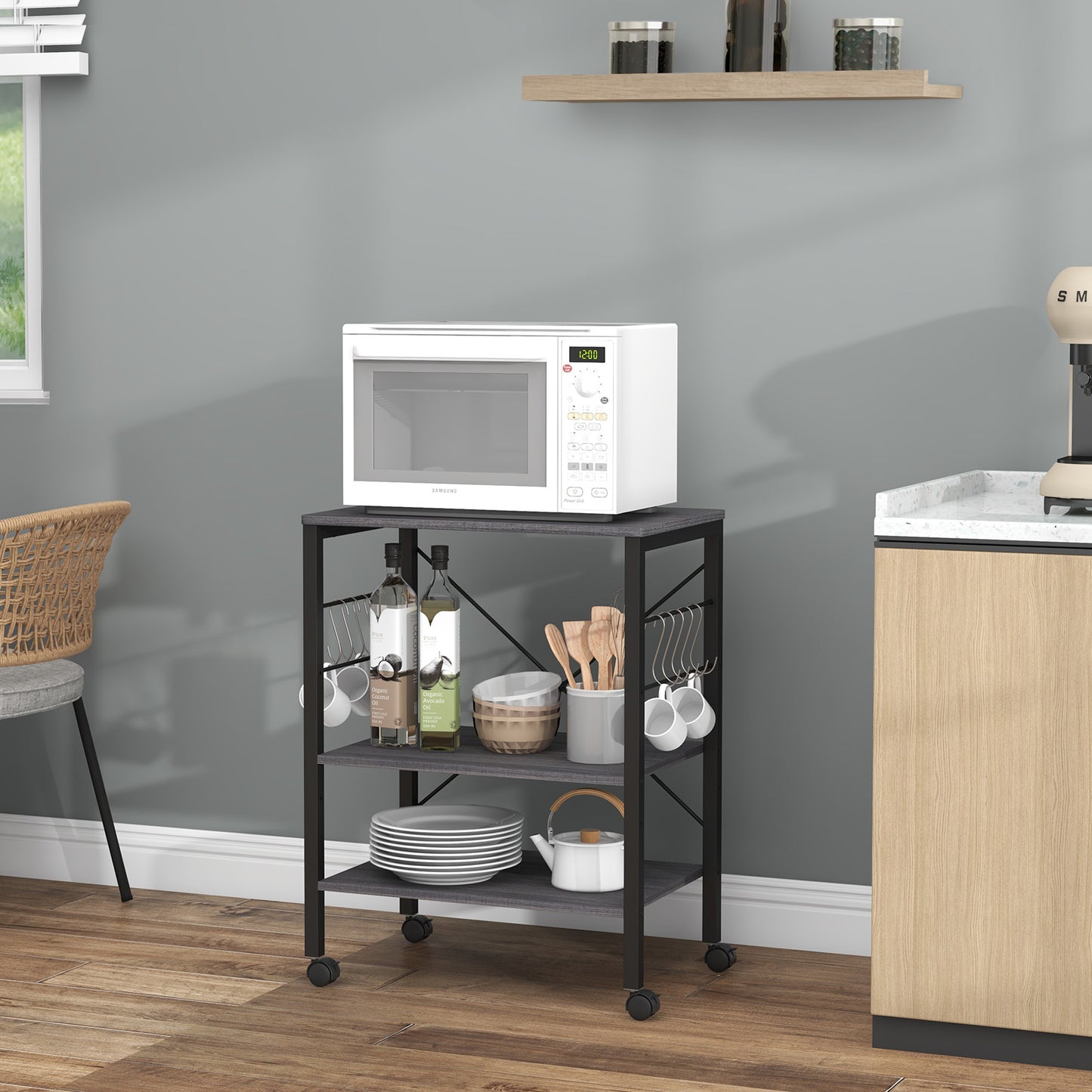 3-Tier Utility Cart Storage Trolley with 10 Removable Hooks-Black