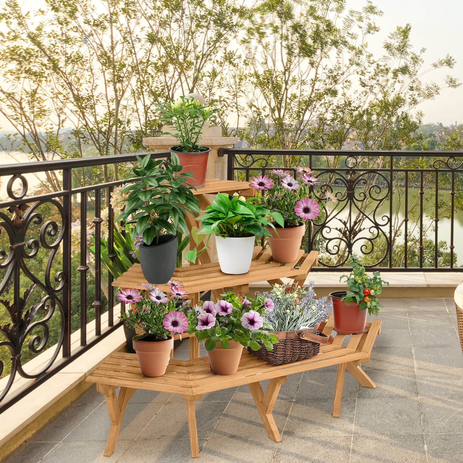 3-Tier Wooden Plant Pot Stand for Indoor Outdoor Garden Corner