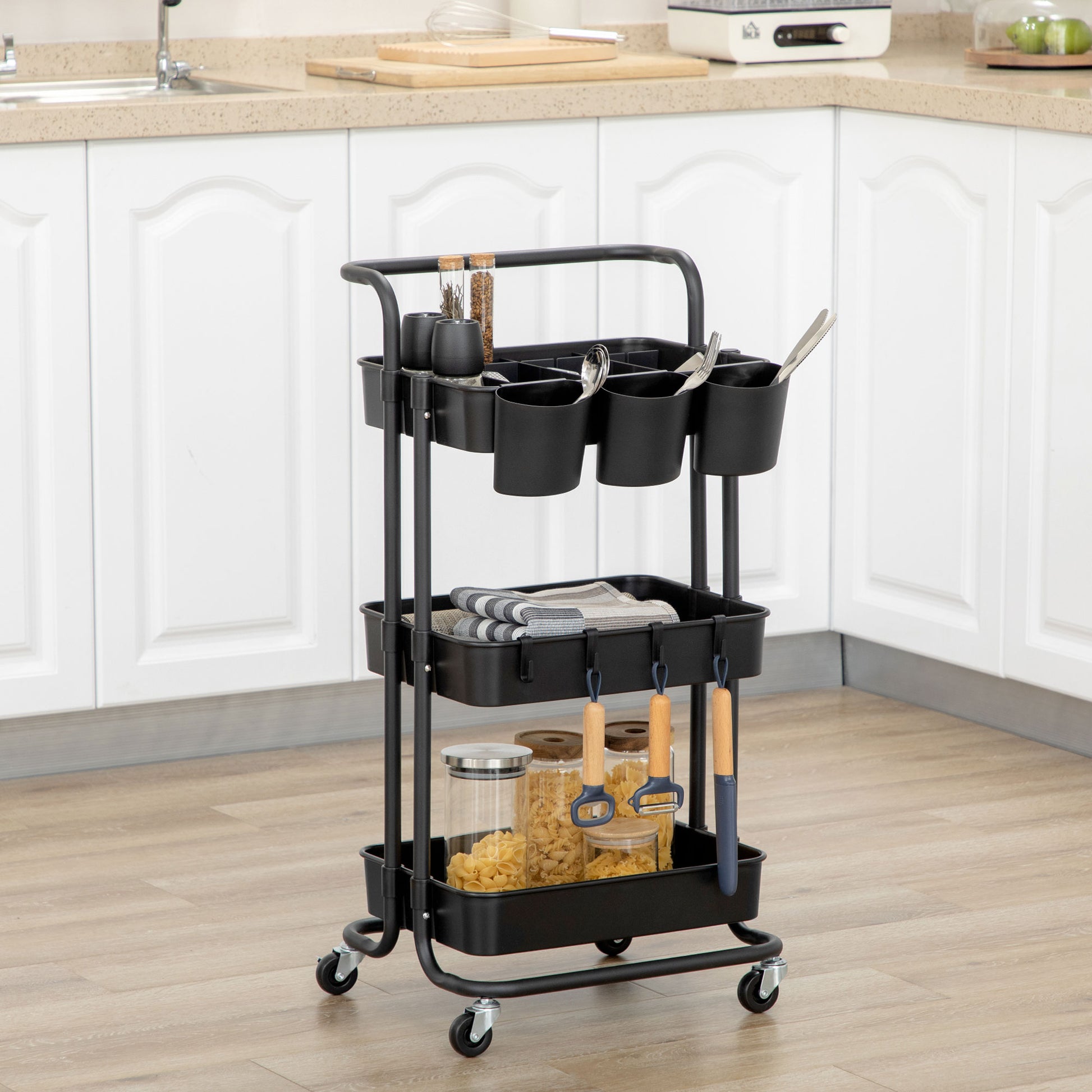 HOMCOM 3 Tier Utility Rolling Cart, Kitchen Cart with 3 Removable Mesh Baskets, 3 Hanging Box, 4 Hooks and Dividers for Living Room, Laundry Black