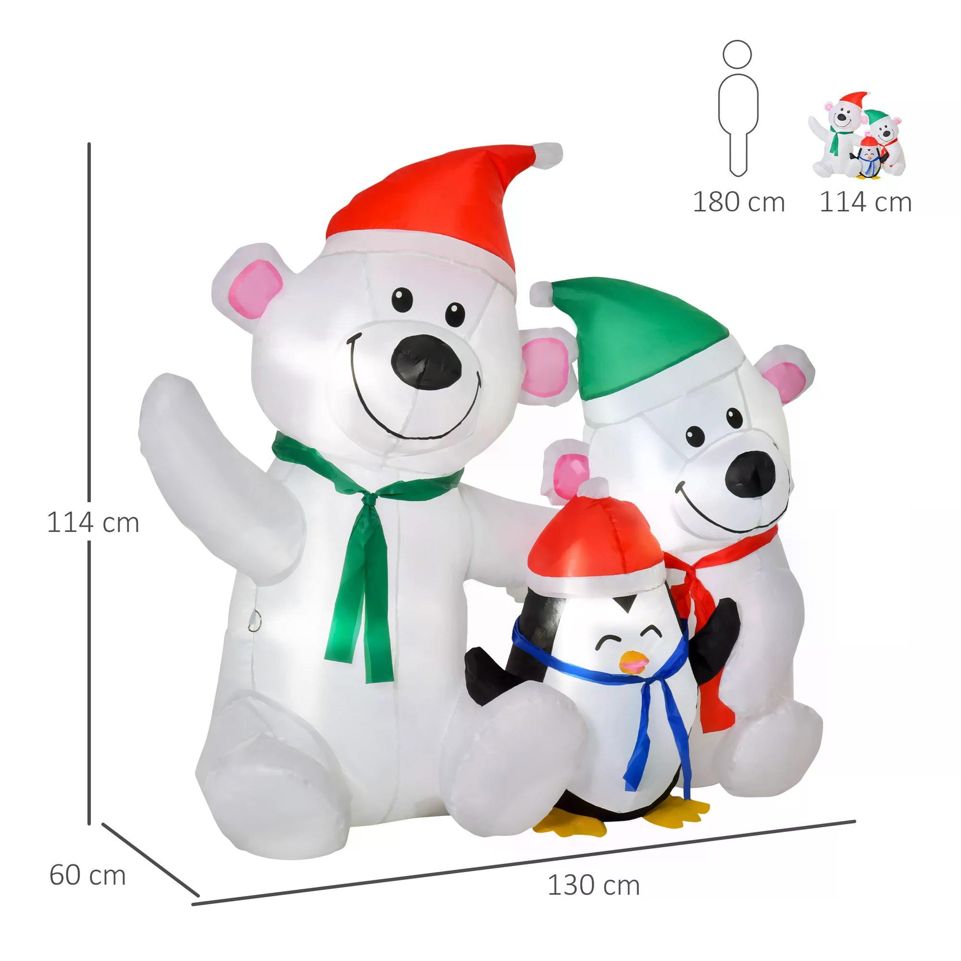 HOMCOM 1.1m Christmas Inflatable Decoration with Two Bears and Penguin Light Up Outdoor Blow Up Decorations Xmas Decor for Holiday Party Garden
