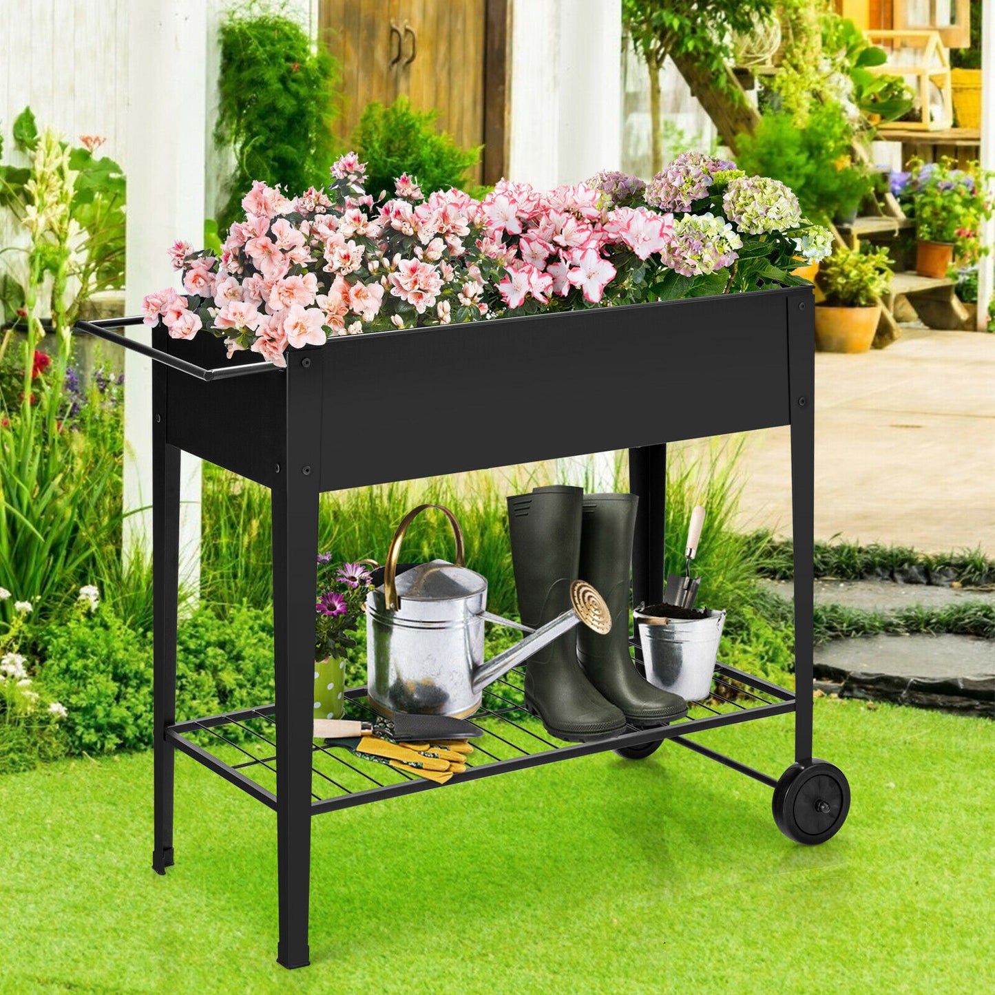 Black Raised Garden Planter Box with Wheels