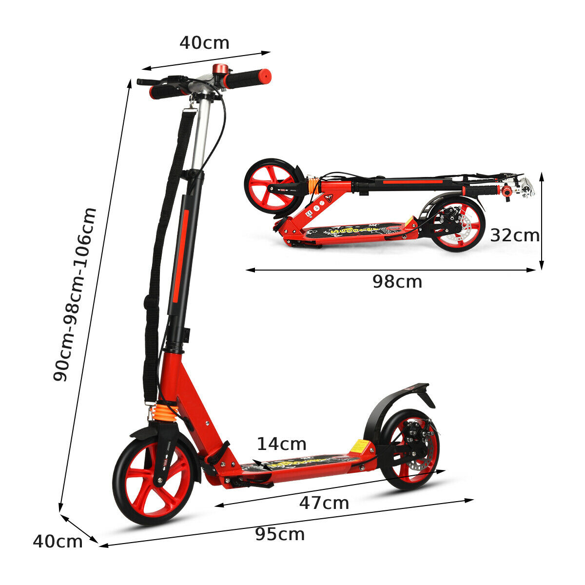 Folding Kick Scooter with Double Suspension and Carrying Strap-Red