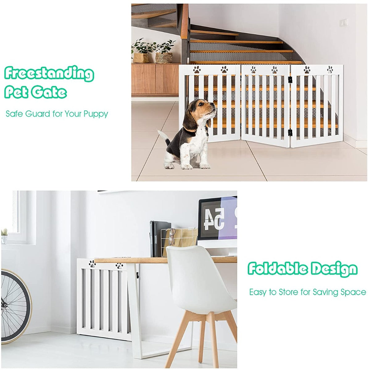 3 Panels Folding Pet Gate-White