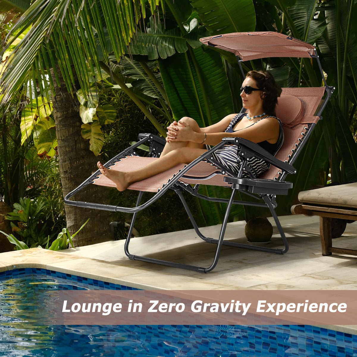 Oversized Folding Zero Gravity Recliner with Adjustable Canopy Shade-Coffee