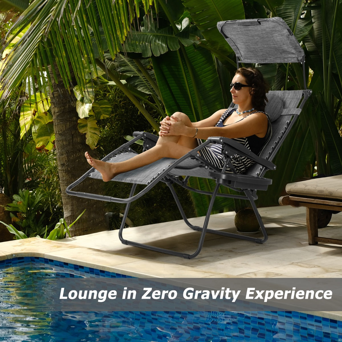 Oversized Folding Zero Gravity Recliner with Adjustable Canopy Shade-Grey